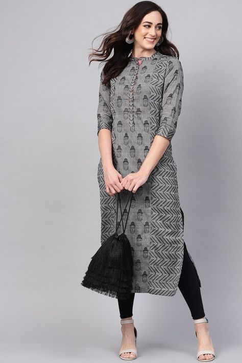 Blended Cotton Kurti in Grey Casual Office Wear, Latest Kurti, Printed Kurti, Cotton Kurti, Straight Kurta, Online Shopping India, Grey Cotton, Indian Design, Buy Clothes