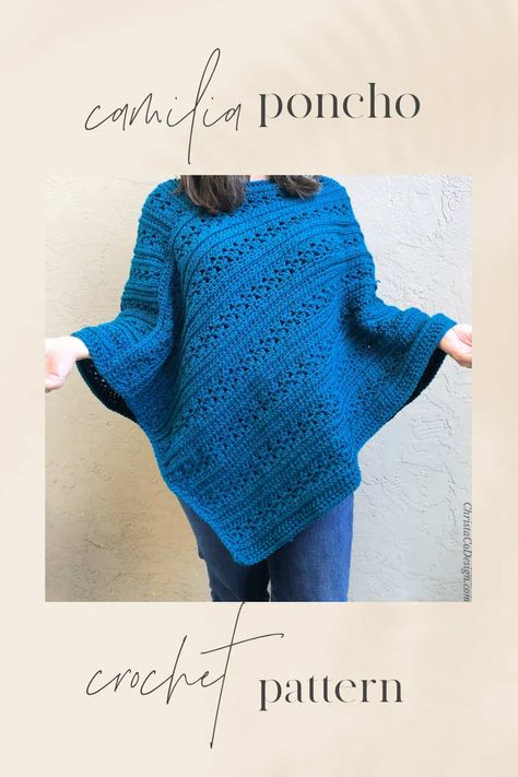 Pin image of woman in blue crochet poncho pattern text. Ponchos, Lionbrand.com Free Patterns, Crochet Poncho Free Pattern Woman, Easy Crochet Poncho, Crochet Poncho Patterns Easy, Crochet Cape Pattern, Baby Boy Knitting Patterns Free, Crocheted Shawls, Crocheted Poncho