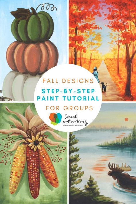 Fall for these autumn inspired paintings and create your own work of art. New fall designs, perfect for groups and paint parties. #paintparty #fallpaintings #painttutorials Fall Paintings On Canvas Easy Step By Step, Fall Paint Party Ideas, Step By Step Fall Painting, Canvas Painting Party Ideas For Adults, Fall Paint And Sip Ideas, Diy Fall Paintings On Canvas Easy, Fall Paint Night Ideas, Autumn Painting Ideas Easy, Painting Party Ideas For Adults