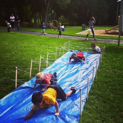 Kids bday idea - obstacle course!  Inspired by Tough Mudder - the Barbwire Crawl! Ninja Playground, Boys Activities, Aktiviti Tadika, Backyard Obstacle Course, Camp Games, Kids Obstacle Course, Ninja Training, Ninja Birthday Parties, Tmnt Party