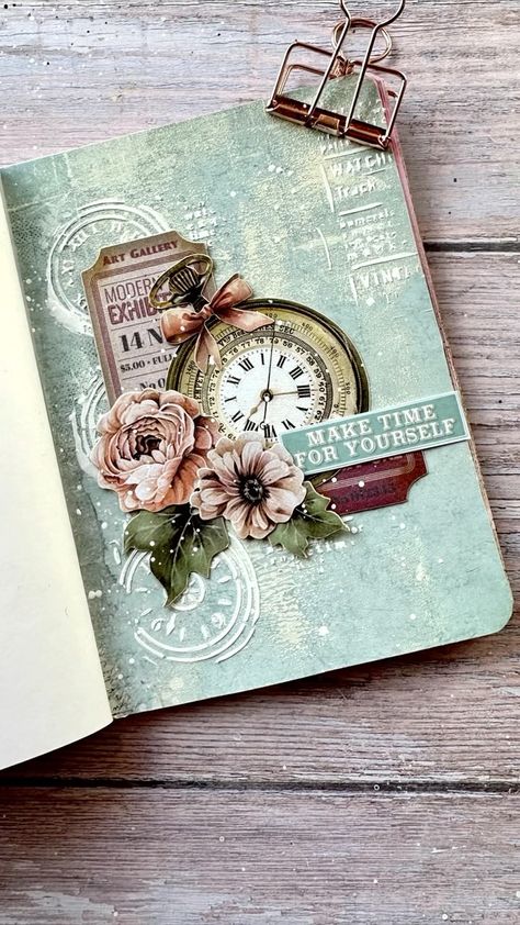 Vicky Papaioannou | Mini art journal! Let’s create a mini journal spread using mixed media techniques and the new Brocante scrapbooking collection!… | Instagram Vicky Papaioannou Journals Mixed Media, Shabby Chic Junk Journal Ideas, Diy Mini Journal, Vintage Journal Ideas, Mixed Media Art Ideas, Vintage Art Journal, Journaling Vintage, Art Journal Ideas, Vicky Papaioannou