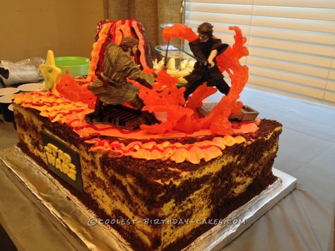 Mustafar Star Wars Battle Scene Cake... Coolest Birthday Cake Ideas Star Wars Battle Scene, Mustafar Star Wars, Star Wars Cake Ideas, Lego Star Wars Cake, Star Wars Themed Party, Darth Vader Cake, Yoda Cake, Star Wars Battle, Star Wars Birthday Cake