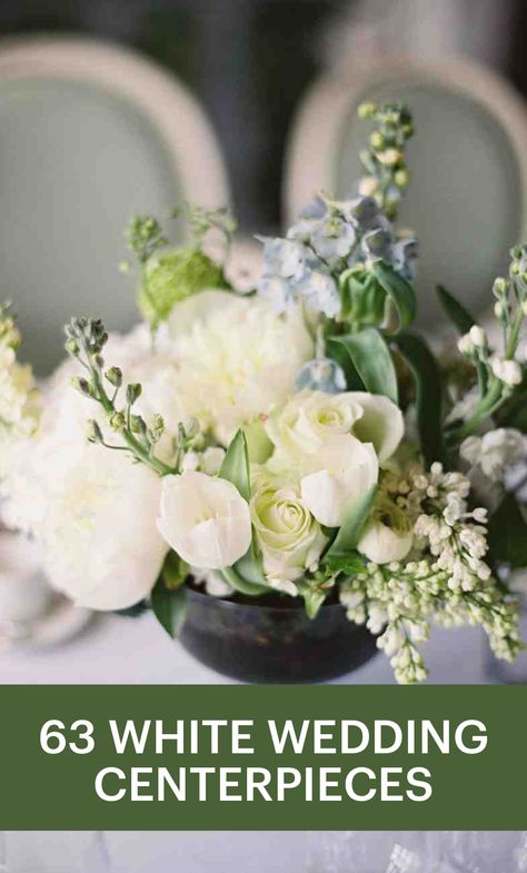 63 White Wedding Centerpieces | Martha Stewart Weddings - Just as there are many flowers that come in the classic color, so are there many ways to arrange them. Which is why the white wedding centerpiece will never go out of style. Put your own twist on the wedding staple for it to feel fresh and modern. For inspiration, turn to these ideas that we adore from real celebrations. White Wedding Arrangements Centerpieces, Small White Centerpieces Simple, White Wedding Centerpieces With Greenery, Flowers At Wedding Reception, Bridal Shower White Flower Arrangements, Fresh Flower Wedding Centerpieces, White And Green Centerpieces Simple, White Wedding Centerpieces Round Table, Low White Floral Centerpieces