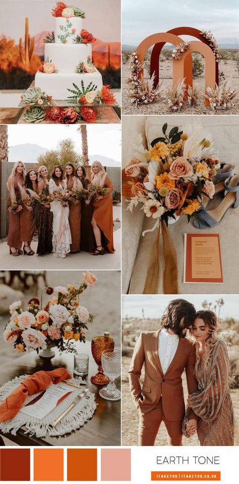 Wedding Colors Earth Tones, Terracotta Palette, Earthy Wedding Dresses, Brown Wedding Themes, Wedding Theme Color Schemes, Orange Wedding Themes, Earth Tone Wedding, Orange Wedding Colors, Rust Bridesmaid Dress