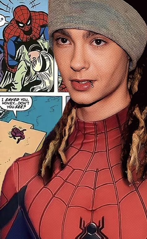 Bill Kaulitz Costume, Tom Kaulitz Spiderman Costume, Tom Kaulitz Clothes, Tom Kaulitz Poster, Tom Spiderman, Spiderman Outfit, Kaulitz Twins, Spiderman Suits, Spiderman Costume