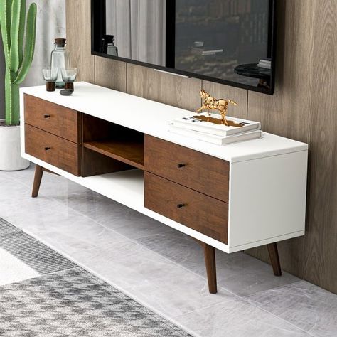 Novel Mid Century White Tv Stand With Solid Wood Frame TV Stand with 6 Storage Cabinet , Modern Walnut TV Console - Bed Bath & Beyond - 34477346 43 Inch Tv Living Rooms, Tv Unit With Legs Design, Tv Console Stand, Tv Table For Bedroom, Tv Drawer Design, Console Table For Living Room, Tv Stand Mid Century Modern, Table Tv Modern, Tv Stands Ideas For Living Room