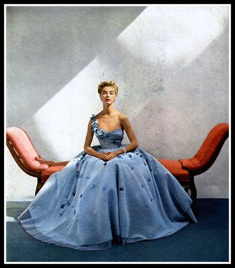 Jean Patchett in gorgeous blue ball gown appliqued with fl… | Flickr Jean Patchett, Francesco Scavullo, Blue Ball Gowns, Fifties Fashion, Vintage Fashion Photography, Vintage Gowns, Vintage Couture, Moda Vintage, January 1