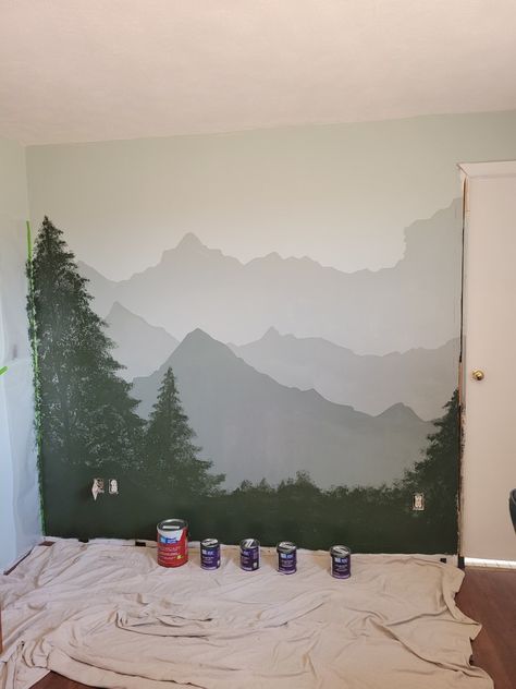 Camping Bedroom Boys, Boys Mountain Bedroom, Diy Forest Decor, Mountain Nursery Theme, Mountain Wall Painting, Sea Salt Color, Forest Themed Bedroom, Forest Nursery Theme, Green Wall Mural