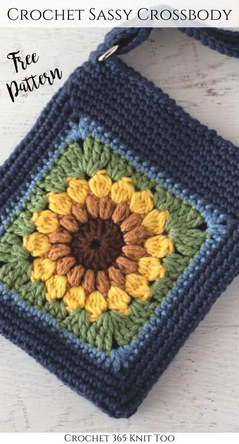 Cross Body Granny Square Bag, Easy Fun Crochet Patterns, Free Crossbody Bag Crochet Pattern, Granny Square Crochet Crossbody Bag, Crochet Sunflower Afghan Pattern Free, Sunflower Granny Square Bag Pattern Free, Sunflower Crochet Purse, Sunflower Bag Crochet Pattern, Crochet Cross Body Bags Free Patterns