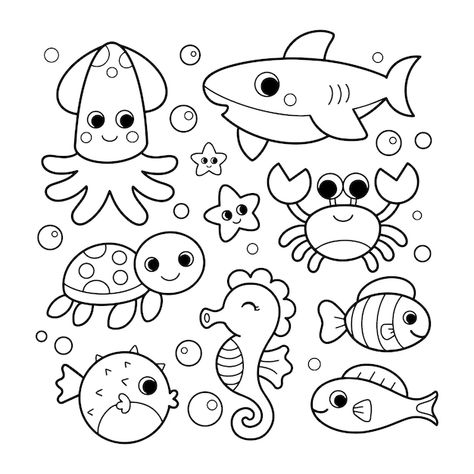 Ocean Animals Coloring Pages, Ocean Animals Preschool, Animals Coloring Pages For Kids, Ocean Coloring Pages, Cartoon Sea Animals, Animals Coloring Pages, Shark Coloring Pages, Fish Coloring Page, Preschool Coloring Pages