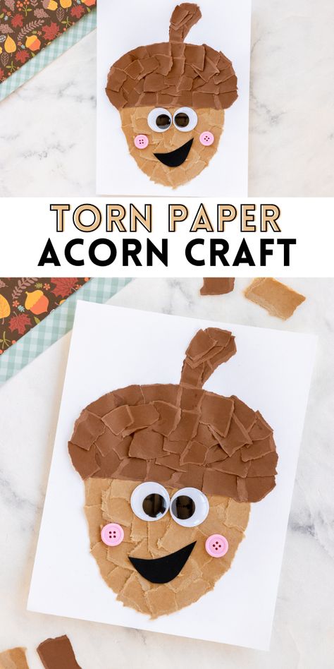 Torn Paper Acorn Craft, Second Grade Crafts Fall, Fall Fun Preschool Crafts, Fall Crafts For Elementary Students, Fun Prek Crafts, Fall Class Crafts, Tk Fall Crafts, Acron Craft Preschool, Acorn Paper Craft