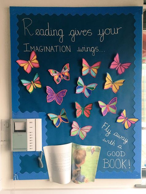 Reading gives your imagination wings... #ks2 #reading #display #book #nook #reading #corner #area #imagination Reading Area Classroom Ks2, School Library Reading Corner, Reading Corner Decor Classroom, Book Corner Ideas Classroom Ks2, Reading Corner Ks2, English Corner Ideas, Classroom Reading Display, English Corner Decoration School, Ks2 Reading Corner