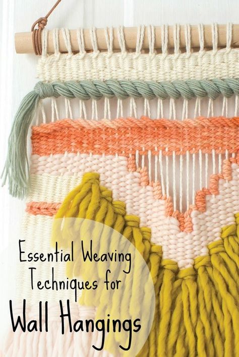 Create a gorgeous DIY wall hanging with these basic tapestry techniques: rya knots, loops, soumak, and more!: Diy Wall Hanging, Wall Weave, Weaving Loom Projects, Weaving Wall Hanging, Weaving Tutorial, Diy Weaving, Wall Hanging Diy, Weaving Textiles, Weaving Projects