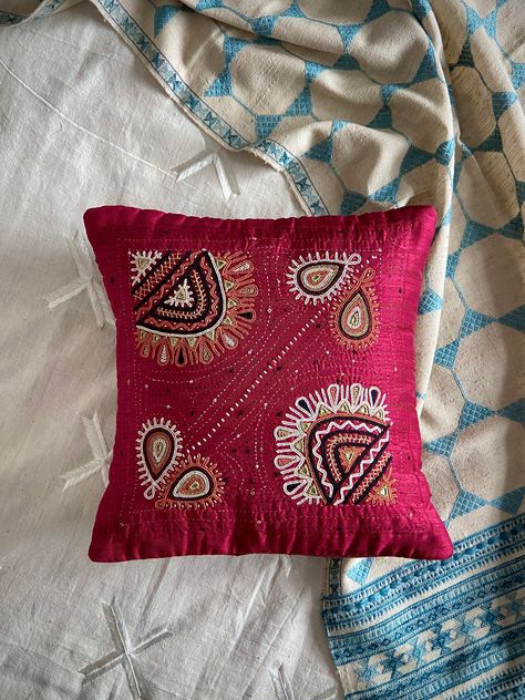 Handmade Pure Silk Pillow | Indian Silk Pillow Cover | Burgundy Pillow Cover | Embroidered Pillow | Vintage Pillow Patchwork, Bandhani Dresses, Gujrati Embroidery, Rabari Embroidery, Burgundy Pillows, Embellished Pillows, Fabric Envelope, Silk Pillow Cover, Embroidered Pillow Covers