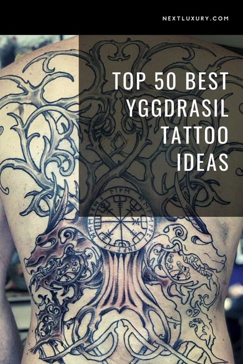 Tattoos come in a vast multitude of designs and styles. The Yggdrasil is a particularly impressive piece of art that displays the image of a tree, one known well in Norse Mythology. #tattooideas Yggdrasil Sleeve Tattoo, Yggdrasil Tattoo Back, World Tree Tattoo Norse Mythology, Hel Tattoo Norse Mythology, Yggdrasil Tattoo Design, Yggdrasil Tattoo Vikings, Norse Tree Of Life Tattoo, Ygdrassil Tattoo, Norse Tattoo Designs