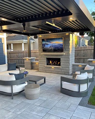 Outdoor Living Spaces, Landscape Design, Elmhurst IL Pergolas, Outdoor Yard Design, New Build Backyard Ideas, Amazing Outdoor Living Spaces, Outdoor Villa Design, Outdoor Kitchen With Fireplace And Pool, Indoor Outdoor Living Patio, Pool Pavilion With Fireplace, Backyard Landscaping With Pool Ideas