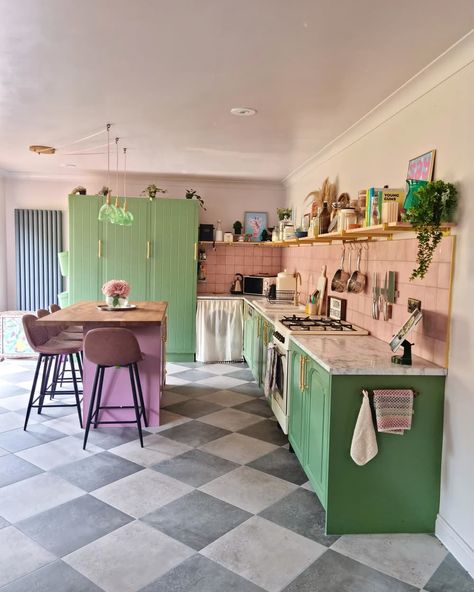 Newly renovated pink and green kitchen with charcoal and white checkerboard tiles. Ikea Fridge, Pink Backsplash, Freezer Cabinet, Ikea Units, Kitchen Cost, Lower Cabinets, Upper Kitchen Cabinets, Pink Tiles, Diy Kitchen Island