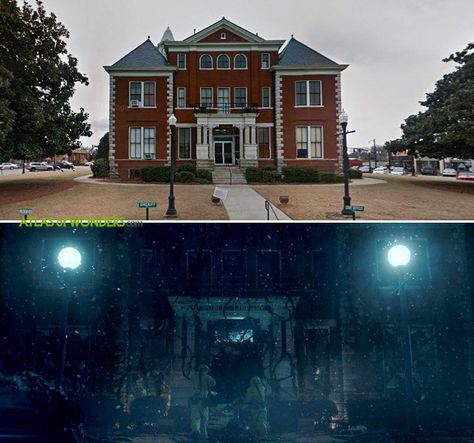 Stranger Things - The next few locations can be found in the center of Jackson, the town that was used for several scenes of downtown Hawkins. The spooky Library of Hawkins upside down version is the Butts County Probate Court in the real world. (Filmed in Georgia) Zombies, Upside Down World Stranger Things, Stranger Things The Upside Down, The Upside Down, Upside Down Film, Stranger Things Filming Locations, Spooky Library, The Upside Down Stranger Things, Stranger Things Setting