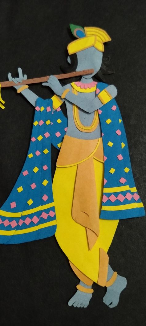 Paper krishna by mesmerize craft Paper Krishna Craft, Krishna Art And Craft, Krishna Paper Craft, Janmashtami Board Decoration Ideas For School, Krishna Craft Ideas, Janmashtami Decoration For School, Janmashtami Craft Ideas, Janmashtami Board Decoration, Krishna Decoration Ideas