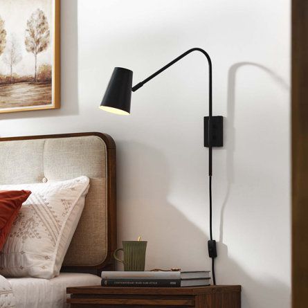 Modway Faye Armed Sconce | Wayfair Wall Lamp Nightstand, Wall Sconces Over Couch, Wall Sconces Bedroom Plug In, Wall Reading Lamp, Plug In Sconces Next To Bed, Bed Lamps Wall, Reading Lights Over Bed, Bedroom Sconces Bedside, Wall Sconces Bedroom Bedside Lighting