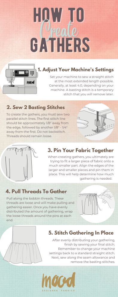 Learn how to add texture and volume to your sewing projects with the art of gathering. Discover this essential sewing technique with our detailed infographic. Head to the linked blog post to learn even more! sewing gathers, fashion sewing, sewing techniques, gathering stitch, sewing basics, gathered fabric, visual guide, ruched effect, gathering fabric, comprehensive guide, gathered styles, innovative textures, fashion projects, voluminous styles, fashion-forward Sewing Basics, Sewing Tips, Straight Stitch, Gathering Stitch, Gathering Fabric, Mood Sewciety, Stitch Lines, Fashion Project, How To Sew