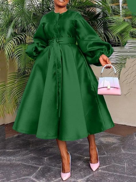 <Exclusive Designs> Women's Elegant Lantern Sleeve Satin Belt Church Wedding Guest Dress Styleladys-Fashion Elegant Style Online Shopping Patchwork, Long Dresses Elegant, Look Casual Chic, Pleated Gown, Cut Clothes, Satin Dress Long, Elegant Party Dresses, White Long Sleeve Dress, Evening Dresses With Sleeves