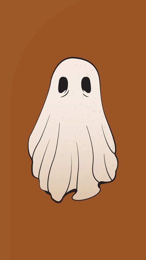 Orange background with a white gradient ghost with big eyes and eyes bags hovering in the center of the image Ghost Illustration Character Design, Happy Ghost Drawing, Christmas Ghost Art, Ghost Drawings Aesthetic, Cartoon Ghost Wallpaper, Cute Ghost Drawing Aesthetic, Mini Ghost Drawing, Aesthetic Ghost Drawing, Ghost Icon Aesthetic