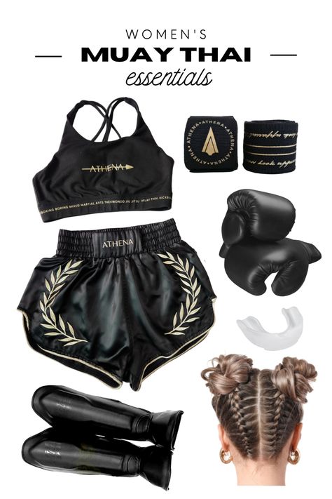 Essentials for women starting their muay thai or kickboxing journey! Featuring our one of a kind women's muay thai shorts specially designed for the female body with a smaller waist and extra wide hips plus built in safety shorts! Top: Thessalia Sports Bra Bottoms: Athena Muay Thai Shorts Handwraps: Nerio Handwraps 180" Boxing Body Woman, Muay Thai Clothes, Boxing Costume Women's, Boxing Outfits For Women, Womens Boxing Outfit, Female Boxing Outfit, Muay Thai Women Aesthetic, Kickboxing Outfit For Women, Kickboxing Women Aesthetic