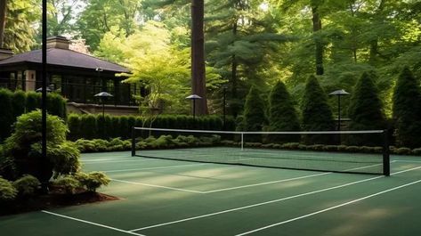 Private Tennis Court Residential Sports Court, Hamptons Tennis Court, House With Tennis Court Swimming Pools, Hidden Tennis Court, Tennis Court Fence, Paddle Tennis Court, Home Tennis Court, Backyard Tennis Court, Tennis Pavilion