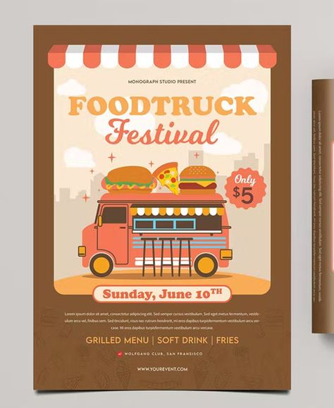 Food Truck Festival Flyer Template PSD Food Truck Graphic Design, Food Truck Flyer, Ramadan Board, Food Festival Poster, Graphic Design School, Truck Festival, Grilling Menu, Food Truck Festival, Food Flyer