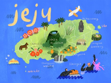 Storybook Art Illustrations, Jeju Island South Korea, Korean Illustration, Learn Korea, Map Illustration, Storybook Art, South Korea Travel, Island Map, Jeju Island