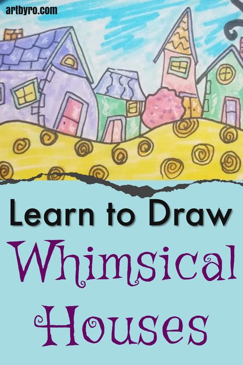 How To Draw Whimsical Houses, Whimsical Line Drawing, Whimsical Houses Paintings, Coloring Art Drawings, Whimsical House Painting, Drawing Houses Step By Step, Draw Step By Step For Beginners, Easy Drawings Artwork, Whimsical Drawings Doodles