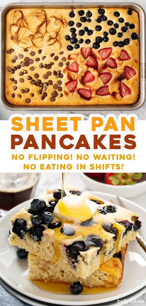 Breakfast just got a lot easier and faster with these Sheet Pan Pancakes! Same great flavor and texture, but no more waiting, flipping, and family members eating in shifts. It’s the best thing since sliced bread. Essen, Mini Pancakes Meal Prep, Blue Color Lunch Ideas, Cost Effective Dinners, Cookie Sheet Pancakes, Sheet Pancake Recipe, Pancake Variations, Meal Prep Snack Ideas, Healthy Camping Meals
