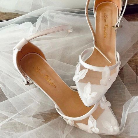 Butterfly Bridal Shoes, Wedding Shoes Bride Butterfly, Whimsical Wedding Heels, Tulle Wedding Shoes, Spring Wedding Shoes Bride, Butterfly Wedding Dress Aesthetic, Wedding Shoes For Dancing, Romantic Wedding Shoes, Wedding Shoes Butterfly