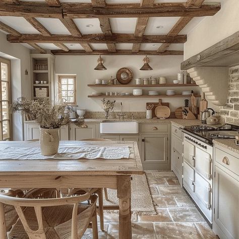 Crafting The Perfect English Countryside Kitchen English Manor Houses Interior Kitchen, Old French Country House Interior, Black And White Cottage Kitchen, Old Style House Interiors, European Kitchen Backsplash, European Kitchen Ideas, Rustic European Farmhouse, Kitchen Stone Wall, Modern European Kitchen