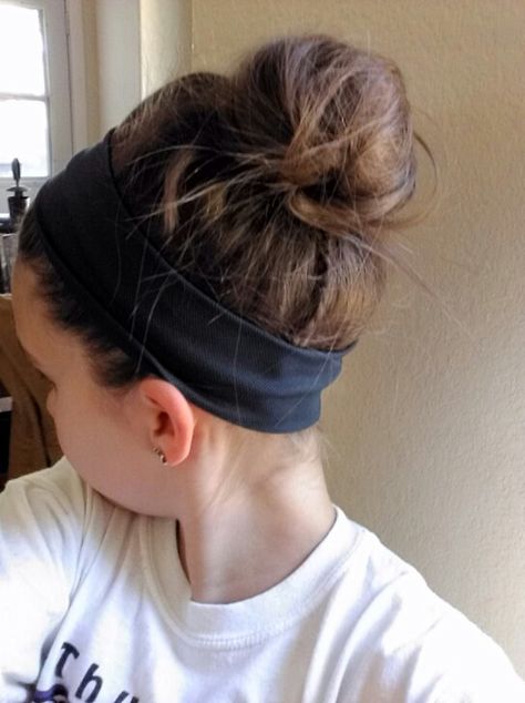 Messy bun with sports headband-perfect for sports Sports Headbands Hairstyles, Headband Bun Hairstyles, Headband With Bun, Cute Basketball Hairstyles, Messy Bun With Headband, Bun With Headband, Hairstyles For Sports, Messy Bun Headband, Fishtail Ponytail