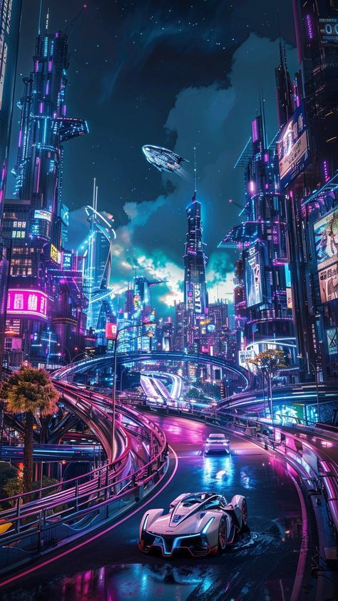 Ville Cyberpunk, Anime Cyberpunk, San Fransokyo, Concept Vehicles Sci Fi, Sky Anime, Future Buildings, Sci Fi City, Anime City, Cyberpunk City