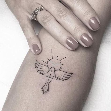 Dove Heaven Tattoo, Small Heaven Tattoo Ideas, Dove Wrist Tattoo, Cross And Dove Tattoo, Dove And Cross Tattoo, Dove Tattoo Ideas, Peace Dove Tattoos, Holy Tattoos, Tattoos Feminine