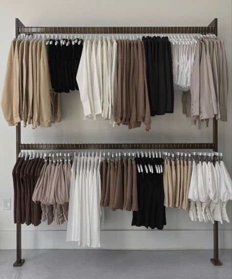 Organisation, Clothing Small Business Aesthetic, Clothes On Rack, Beige Closet, Clothing Rack Aesthetic, Neutral Closet, Small Business Aesthetic, Dress Rack, Clothing Rack Bedroom