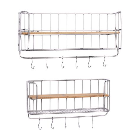 "Buy this Set of 2 Silver Metal Basket & Wooden Wall Shelf Units With Hooks at Michaels. com. These industrial themed wall shelves with hooks work great on kitchen walls above the sink, or any room that needs more organization space and style. These industrial themed wall shelves with hooks work great on kitchen walls above the sink, or any room that needs more organization space and style. The top tier shelf is made of wood in a natural brown finish while the bottom tier shelf features metal grills on the bottom of the basket. The 5 metal hooks are attached to a horizontal metal attachment where they can freely move since they are connected via a movable ring. Details: Silver Large unit: 32\" x 17\" Small unit: 26\" x 15\" Metal and wood Keyhole hardware for hanging Each hook holds 5-8 lb