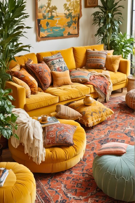 25 Yellow Couch Living Room Ideas for 2024 – The Crafty Hacks Gold Sectional Living Room, Yellow Couch Boho Living Room, Green Yellow Grey Living Room, Maximalist Lounge Room, Happy Apartment Decor, Yellow Salon Decor Interior Design, Living Room With Different Color Couches, Living Room Maximalist Decor, Loaf Living Room