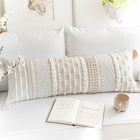 PRICES MAY VARY. Front: 79% Polyester, 14% Cotton, 5% Rayon, 2% Nylon, Back: 100% Cotton Cover Only: Boho Decorative Lumbar Throw Pillow Cover 14x36 Inch for bed Color: Cream White A Decorative Accent : Whether you're looking to enhance your living room, bedroom, or even a cozy reading nook, this boho throw pillow adds an artistic touch that elevates the overall ambiance. Handmade: The high-quality materials and expert craftsmanship ensure durability, making it a lasting addition to your home de