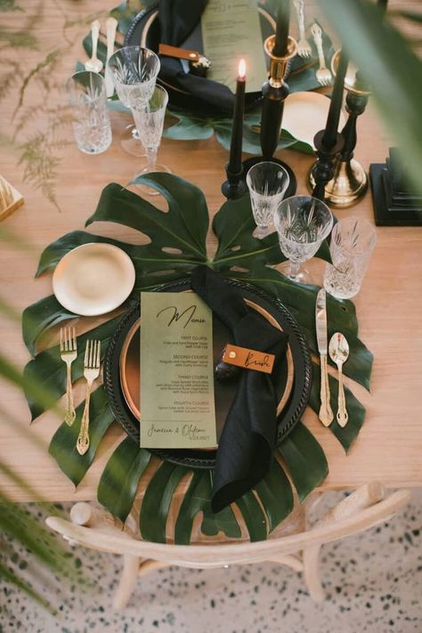 Wedding invite. Wedding photography. Wedding decor. Orchid Place Setting, Samoan Tongan Wedding, Tropical Table Cloth, Tropical Wedding Greenery, Palm Leaf Table Decor, Hawaiian Wedding Theme Decoration, Polynesian Centerpieces, Tropical Chic Wedding Decor, Tropical Wedding Theme Decor