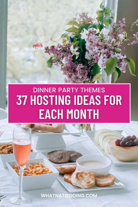 Explore monthly themed dinner parties to enhance your hosting game throughout the year. Whether a cozy New Year's Day brunch or a creative cookie exchange in December, these ideas infuse fun and intention into gatherings with friends. Scale back for cocktails, or fully embrace themes with menus, decorations, and activities. Hosting not only brings joy but creates cherished memories and traditions. Hosting ideas, hosting themes, dinner party themes Fun Party Themes For Adults Creative, Monthly Friends Dinner, Monthly Party Ideas, New Years Dinner Party Ideas, Host Game Night Ideas, Spring Themed Party Food, Activities For Dinner Parties, Monthly Dinner Party Themes, Themed Dinner Party Ideas Creative