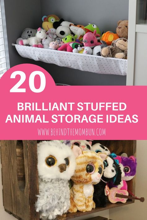 Do your child's stuffed animals seem to be multiplying? Check out these brilliant stuffed animal storage ideas from Behind the Mom Bun. #stuffedanimalstorage #momhacks #momlife #toystorage Organisation, Stuffed Animal Storage Zoo, Animal Storage Ideas, Stuffed Animal Storage Ideas, Storage Ideas For Kids, Teddy Storage, Stuffed Animal Displays, Stuffed Animal Zoo, Organizing Stuffed Animals