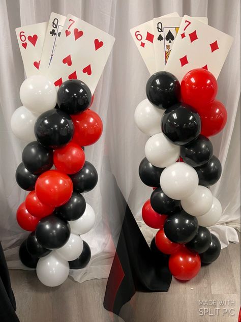 Spades Theme Party, Great Gatsby Casino Themed Party, Vegas Party Centerpieces, Poker Theme Decor, Casino Balloon Columns, Casino Hoco Theme, Casino Night Party Decorations Monte Carlo, Casino Theme Party Balloons, Formal 30th Birthday Party Ideas