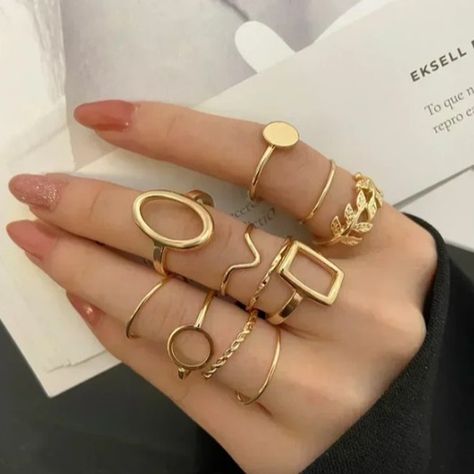 Come check out our amazing ring sets. #rings #jewellery #charm #gold Knuckle Rings, Rings Set For Women, Hollow Ring, Gold Color Ring, Geometric Heart, Knuckle Ring, Gold Ring Designs, Wedding Party Jewelry, Gold Ring Sets