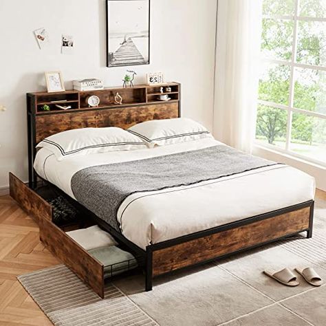 Amazon.com - Alohappy King Bed Frame with Bookcase Headboard and 4 Storage Drawers,Metal Platform Bed Frame King Size,Double-Row Support Bars, Easy Assembly, Noise-Free, No Box Spring Needed(Vintage Brown) - Bookcase Headboard Queen, White Duvet Cover King, Beautiful Bed Designs, Platform Bed Frame Full, Led Bed Frame, Metal Platform Bed Frame, Cama King Size, Wooden Platform Bed, Full Size Bed Frame