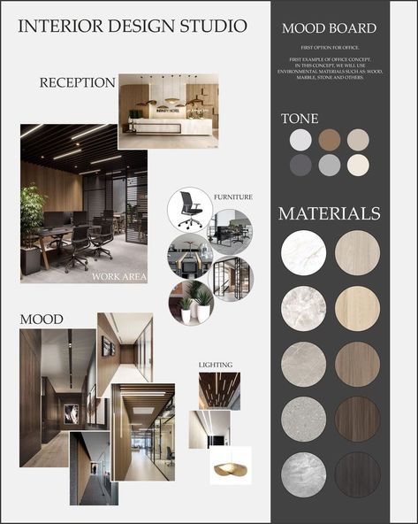 Moodboard INTERIOR DESIGN STUDIO Moodboard For Office Interior Design, Mood Board Exterior Architecture, Interior Sheet Composition, Material Mood Board Architecture, A0 Presentation Board Interior Design, Moodboard Collage Interior, Dark Interior Mood Board, Floor Plan Mood Board, Moodboard Interior Design Office