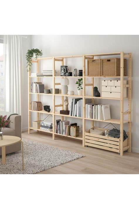 IVAR Reol med opbevaringskasse, fyr, 259x30x179 cm. Ikea Wood Shelves, Shelving Unit Ikea, Wooden Shelving Unit, Ikea Wooden Shelves, Ivar Shelves, Ivar Shelving, Ikea Ivar Shelves, Ivar Ikea Hack, Ivar Regal